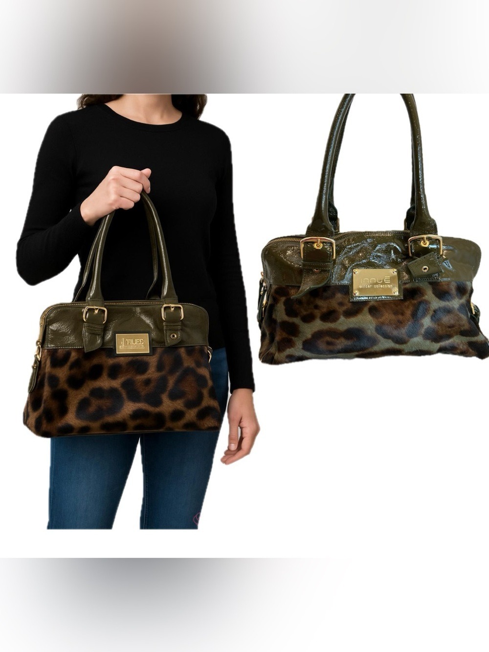 Innue Innuendo Winter Collection shoulder bag green patent camouflage faux fur